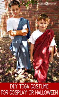 Need an idea for halloween or cosplay? Working with a homeschool group who wants to do a cosplay? Try this easy DIY Toga Costume. You just might have everything you need already!